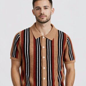 Massive Luxury Men’s Knit Button Up Shirt Striped Crochet Short Sleeve XL